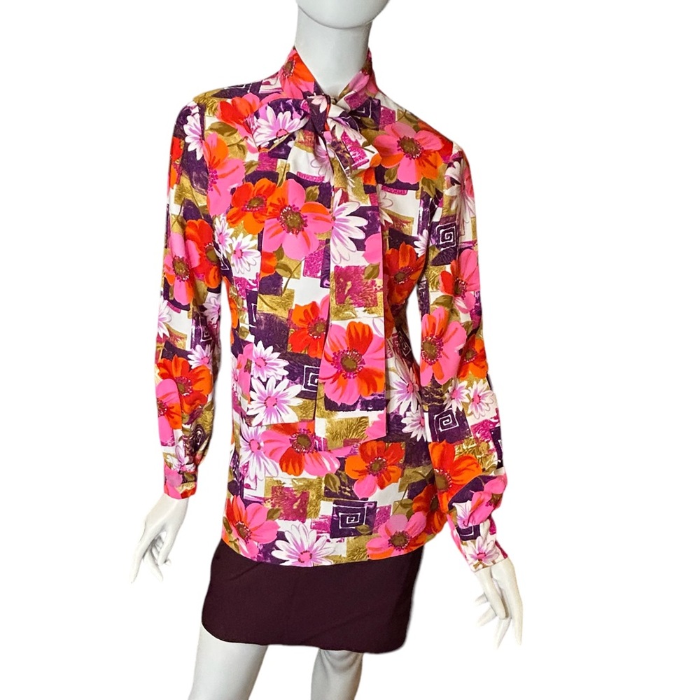 Vintage 60s 70s Floral Bow Blouse Medium